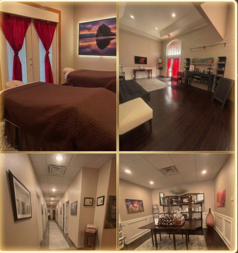 Inside Estetica Day Spa — treatment room, lobby, hallway and retail area